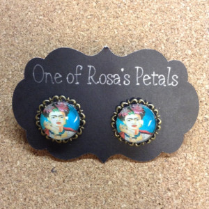 Frida Kahlo Glass Domes with Brass Petals Brass Studs. Frida Kahlo Inspiration with portrait selfie-Earrings