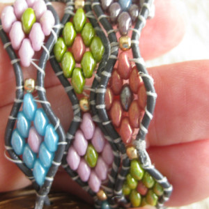 Leather beaded cuff bracelet in multi color superduos Wrap bracelet
