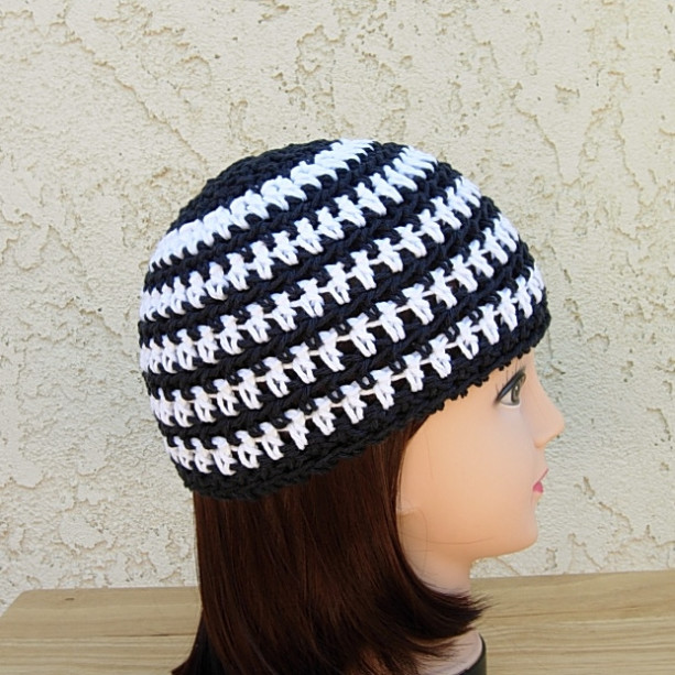 Black & White Striped 100% Cotton Summer Crochet Knit Beanie Hat | aftcra