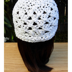 Solid Basic White Summer Beanie, Sun Hat, 100% Cotton Lacy Skullcap, Women's Crochet Knit, Warm Weather, Chemo Cap, Ready to Ship in 3 Days