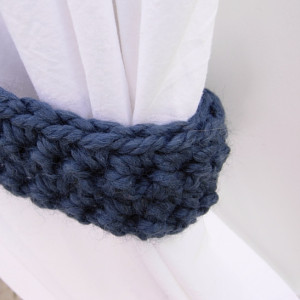 Blue Curtain Tiebacks Tie Backs Set, One Pair of Solid Medium Denim Blue Drapery Drapes Holders, Crochet Knit, Basic Simple Bedroom Decor, Ready to Ship in 2 Days