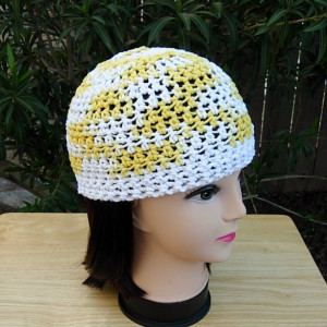 White and Yellow Summer Beanie Hat, 100% Cotton Lacy Skullcap, Women's Crochet Knit, for Hot Weather, Chemo Cap, Ready to Ship in 3 Days 