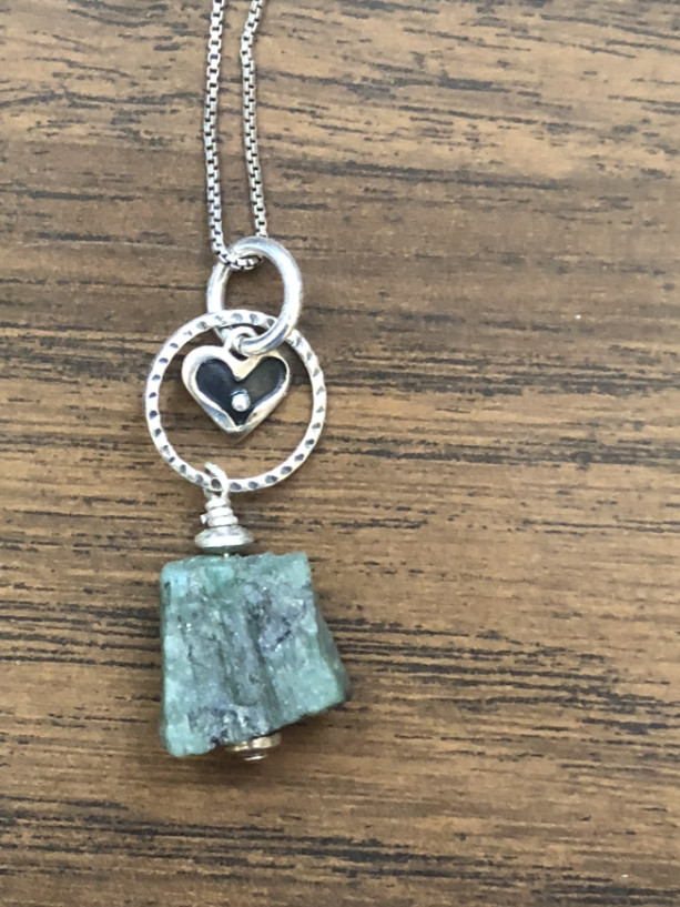 Sterling silver pendant with rough cut emerald and sterling silver heart and findings 