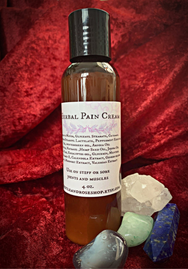 Herbal Muscle Cream, pain relief lotion, with hemp, handmade essential oils, herbal extracts, peppermint, eucalyptus, wintergreen arnica oil
