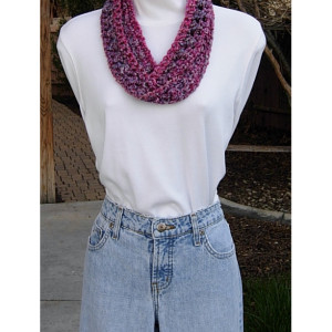 Small Summer Infinity SCARF, Vibrant Pink Purple Gray, Soft Acrylic Crochet Knit, Skinny Narrow Lightweight Cowl, Ready to Ship in 2 Days