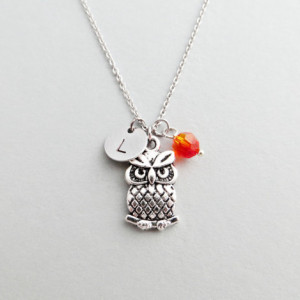 Owl Initial Necklace Personalized Hand Stamped - with Silver Owl Charm and Swarovski