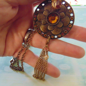 Bronze Disc Multi Layered Floral Amber Crystal Gold Chain Tassel Pendant Adjustable Chain Necklace