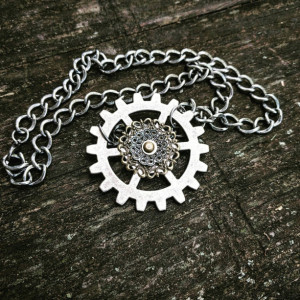 Steampunk Large Industrial Machinery Ooak Filigree Lace Silver Gear Necklace