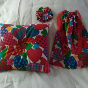 Valentines Day Gift Set for Her, Reusable Cloth Gift Bag, Cute Handmade Pillow, Drawstring Bag, Everything Handmade, Handsewn Scrunchie
