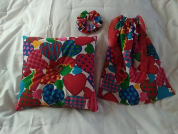 Valentines Day Gift Set for Her, Reusable Cloth Gift Bag, Cute Handmade Pillow, Drawstring Bag, Everything Handmade, Handsewn Scrunchie
