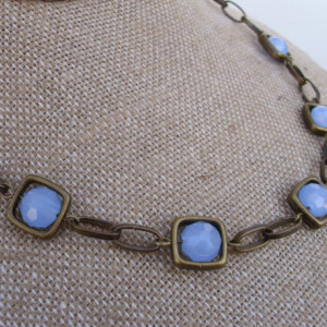 Antique Brass And Periwinkle Squares Necklace