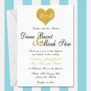 Black and Gold Printable Wedding Invitation , Gold Glitter Heart , Digital Invitation , Modern and Elegant , Customized