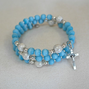 Rosary Bracelet of Blue Beads and Silver Plated Findings and Medals