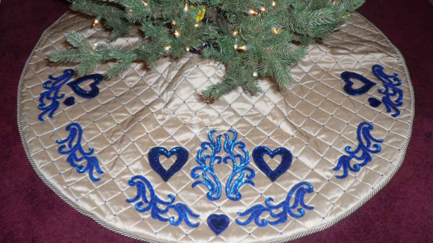 Silk Christmas Tree Skirt with Royal Blue Hearts-50 inches 