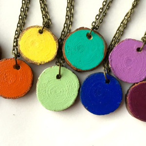 Colorful Wood Charm Necklace (Rustic Jewelry - Turquoise, Red, Orange, Yellow, Mint Green, Plum, Lavendar, Bright Blue, Bronze)