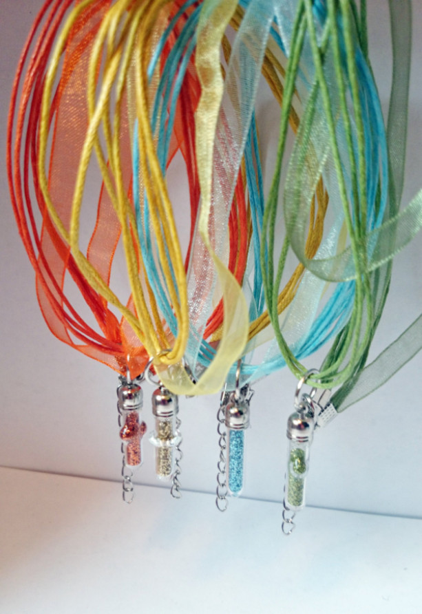 Tiny Glittery Glass Vial Pendants, Magic Glitter Pendants, Ribbon Pendants