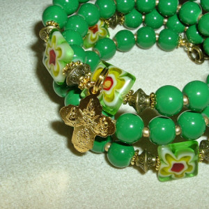 Rosary Bracelet of Green Glass Beads, Gold Findings