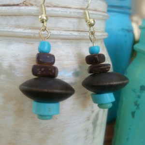 Wooden & Turquoise Bead Earrings.