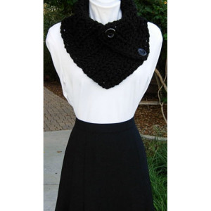 Solid Black NECK WARMER SCARF Buttoned Cowl, Soft Wool Blend, Black Buttons, Thick Bulky Chunky Winter Crochet Knit Ready to Ship in 3 Days