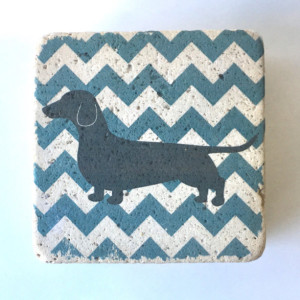 Wiener Dog Dachshund with Baby Blue Chevron Natural Stone Coasters Set of 4 with Full Cork Bottom Weiner Dog Coasters