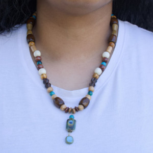 Turquoise, Blue and Wood Necklace, Earthy Tones, Peacock Pendant Necklace