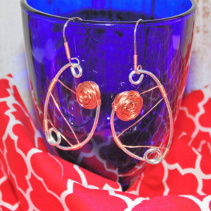 Drop Earrings, Sterling Silver, Natural Copper Roses and Wire Wrap