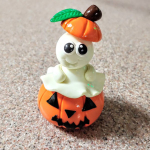 Polymer Clay Glow in the Dark Ghost in a Pumpkin Halloween Home Decor OOAK