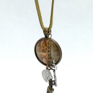 Antique Victorian Style Stamp Cabochon Necklace with Charms on Green Leather Cord