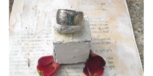 Natural Blue Spinel Baguette and Sterling Wide Distressed Band Ring