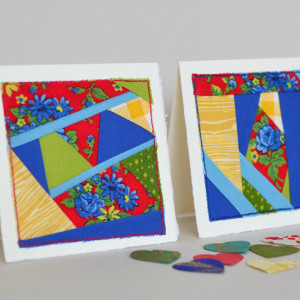 Bright fabric card set -- two patchwork quilt block cards