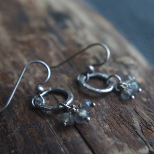 Labradorite earrings - fine silver earrings - Hand forged metalwork dangles - Organic circles, semiprecious stones - AAA faceted Labradorite