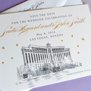 Las Vegas Bellagio Hotel Skyline Starry Night Hand Drawn Save the Date Cards (set of 25 cards)