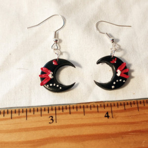Black, white, and read polymer clay floral moon dangle earrings
