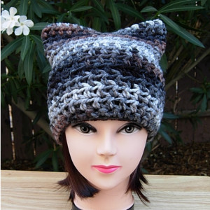 Women's Gray, Black, Brown, Off White Striped Pussy Cat Hat with Ears Soft Crochet Knit Winter Beanie, Cosplay, Girl Cat, Ready to Ship in 3 Days