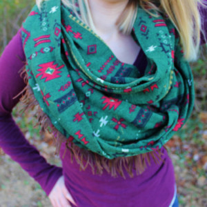 Dark Olive Green with Bright Red Aztec Tribal Pattern Super Soft and Cozy Infinity Scarf with Brown Fringe Accent