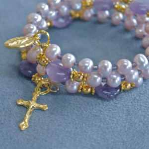 Child's Rosary Bracelet of Freshwater Pearl and Amethyst 