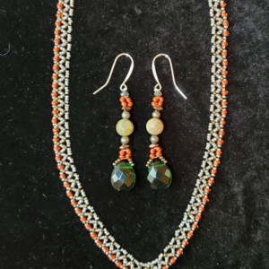 Necklace/Earrings - Indian Agate on Woven Glass Bead Straps, ID - 278