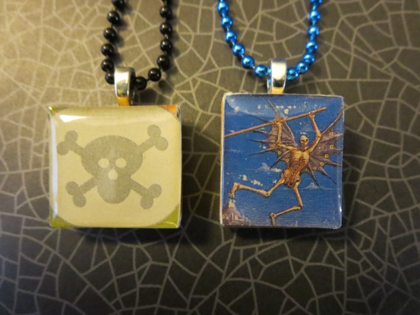 Set of 2 Scrabble® Game Tile Pendants Skull & Bat Skeleton