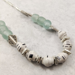 The Skyra | handmade recycled seafoam glass and paper bead choker necklace, sterling silver, Mykonos ceramic, Miyuki beads, Gifts for Her