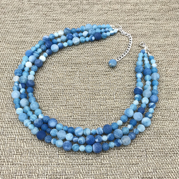 Chunky Blue Agate Statement Necklace, Chunky Necklace, Weathered Agate Necklace, Blue Beaded Necklace, Multi Strand Blue Statement Necklace