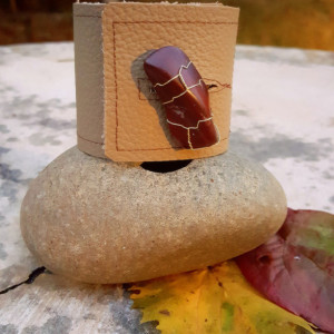 Buff Tan Leather Cuff, Red Jasper Agate-Brass Wire Wrap-Upcycled Leather-Med Unisex fits wrists 6.5, 7 in
