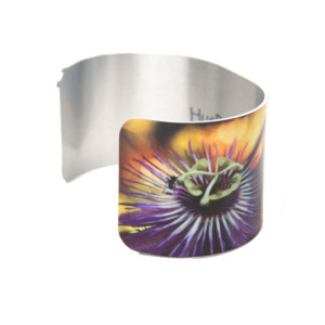 Photo cuff bracelet, aluminum, Purple Passion Flower, fine art for wrist, HueDew