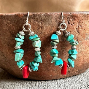 Turquoise and Coral Hoop Earrings