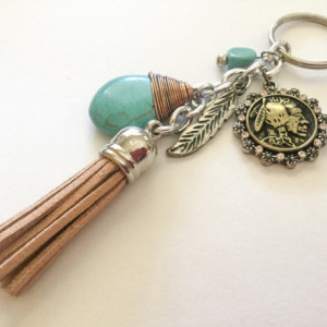 Tassel Keychain, Mixed Metal Keychain, Keyring, Rearview Mirror Charm, Purse Charm, Bag Charm, Gift for Her, Turquoise, Indian Head, Native
