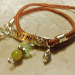 Brown Suede/leather wrap bracelet with silver tone love link and charms, heart, angel wing, yellow jade stone charm #B00236