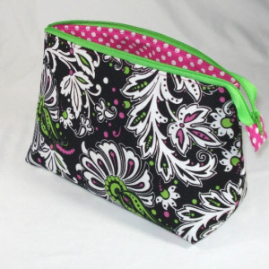 Bright BLACK, HOTPINK and LIME green Abstract floral print Cosmetic Bag, Bridesmaid Gift, Gift Bag, Toiletry Bag, Pencil Case, Travel Bag