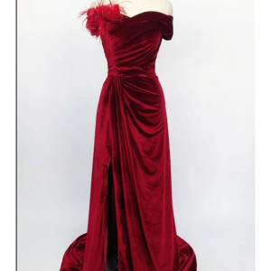 Burgundy Velvet Off The Shoulder Long Mermaid Evening Dress, Prom Dress