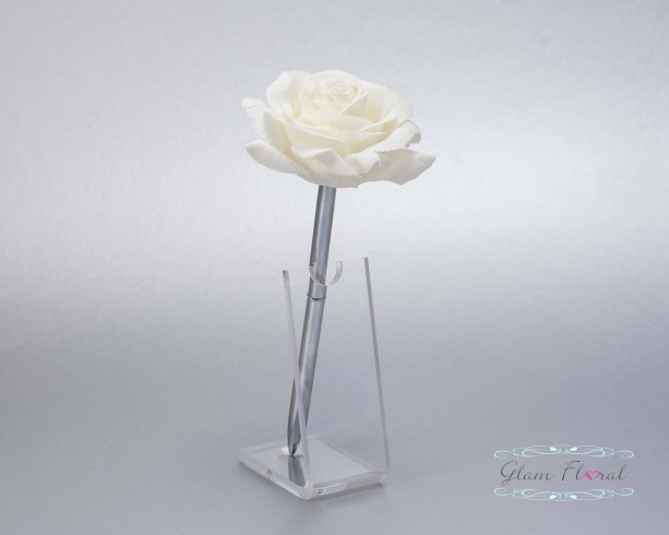 Cream White Rose Guestbook Pen. Silver Wedding Pen Set, Wedding Pen Holder, Real Touch Rose Flowers, White, Ivory