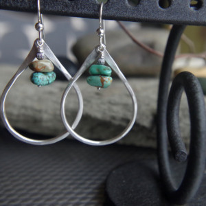 Oregon Raindrops - Large Fine Silver earrings - Hand forged Silver dangles with turquoise