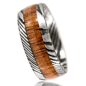 8mm Mens Wedding Band Koa Wood Inlay Damascus Steel Pattern Ring